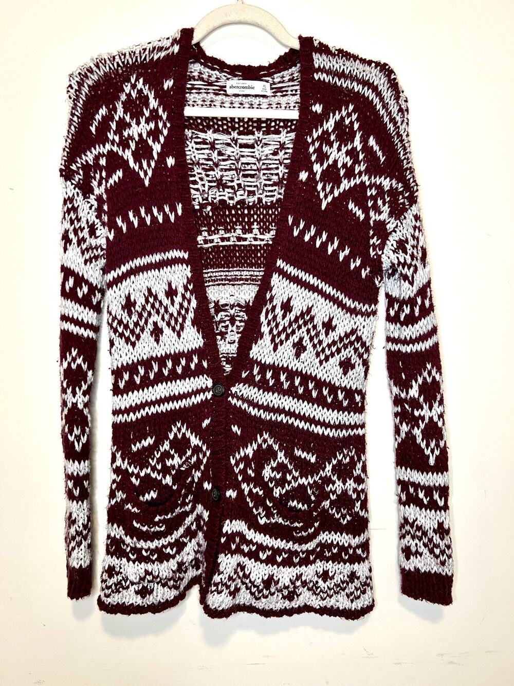 Abercrombie Kids XL Burgundy Button / Open Cardigan Sweater Fair Isle‎ Grandpa